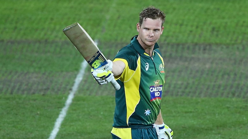 Australia's Steve Smith celebrate a one-day century against England in Hobart on January 23, 2015.