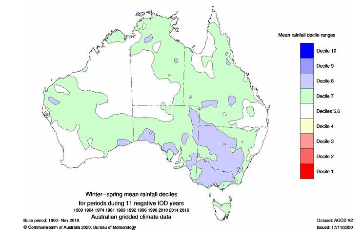 A map showing places likely to get more rainfall in a negative IOD phase