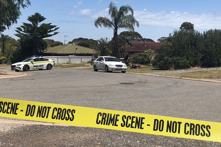 Crime scene tape in Nathan Court, Morphett Vale