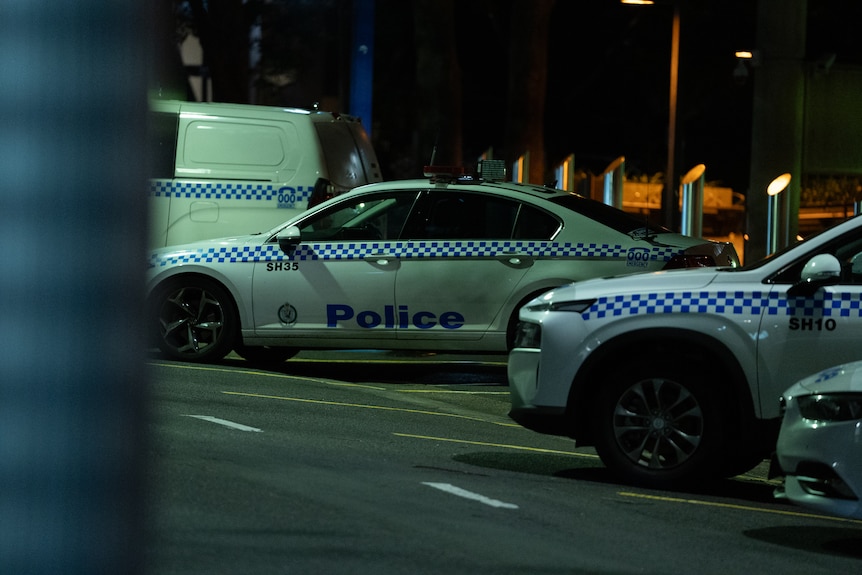 Surry Hills police station lit up by street lights with police cars parked outside.