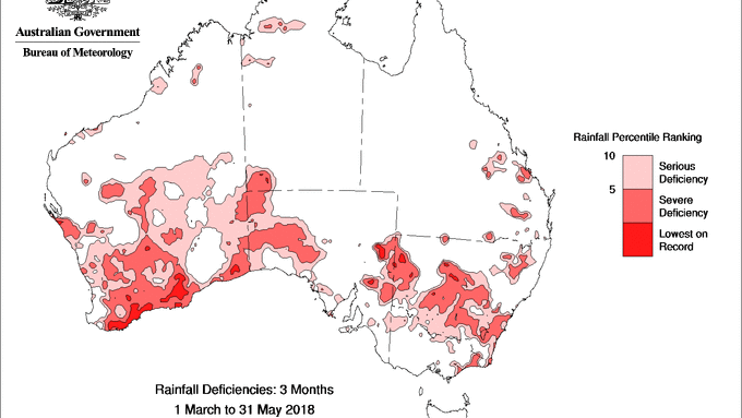 Map of Australia with red covering large parts of southern WA and NSW indicating they are in drought