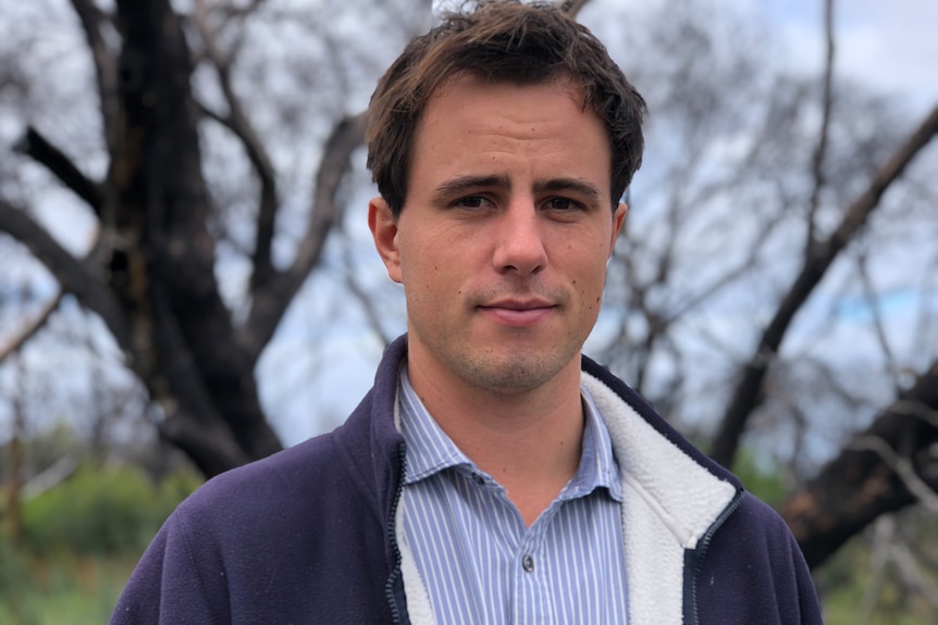 A young man with brown hair looks serious.