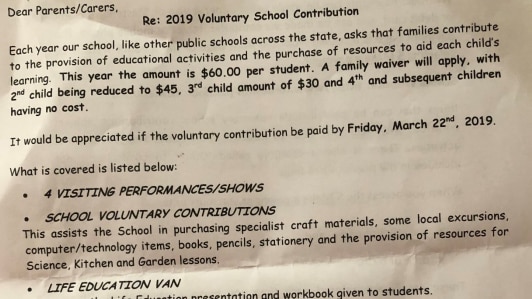 Example of voluntary contribution from a NSW public school