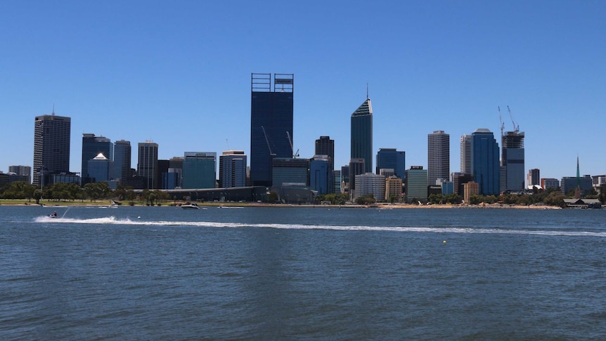 A jet ski on the Swan River with Perth city in background Dec 2014