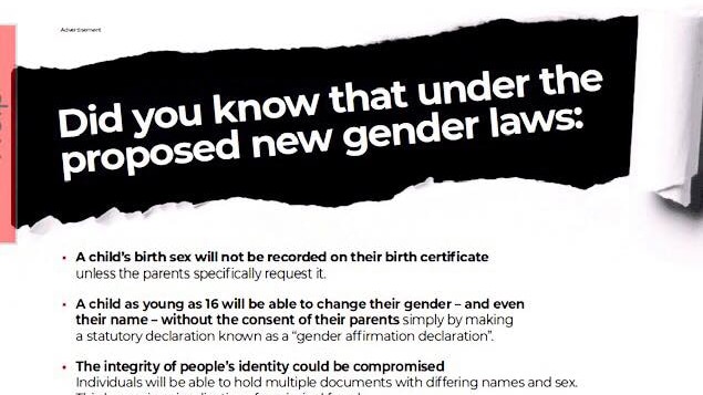 A newspaper advertisement about gender laws in Tasmania