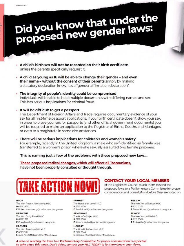 A newspaper advertisement about gender laws in Tasmania