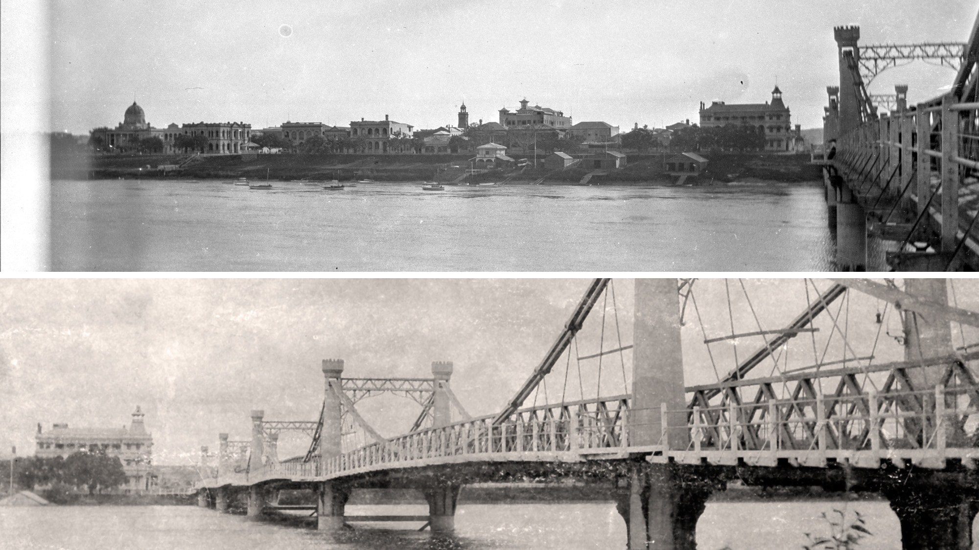 Two collage of black and white images of river in flood from bridge, buildings on banks