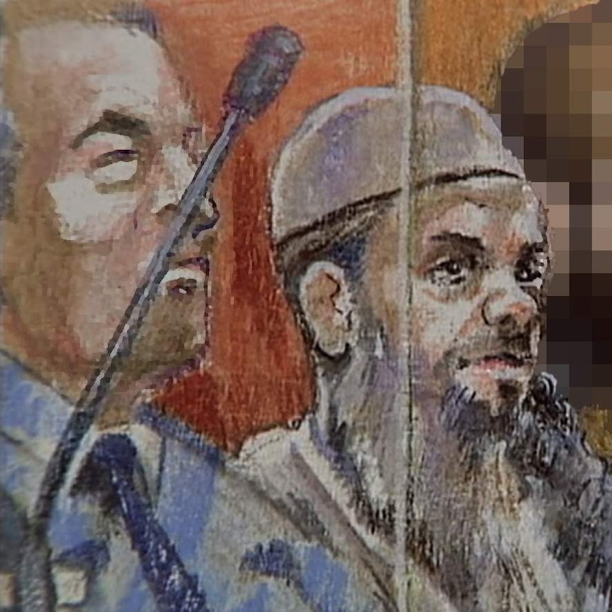 Sketch of four men sitting in court including one man wearing white cap with long beard sitting next to police officer