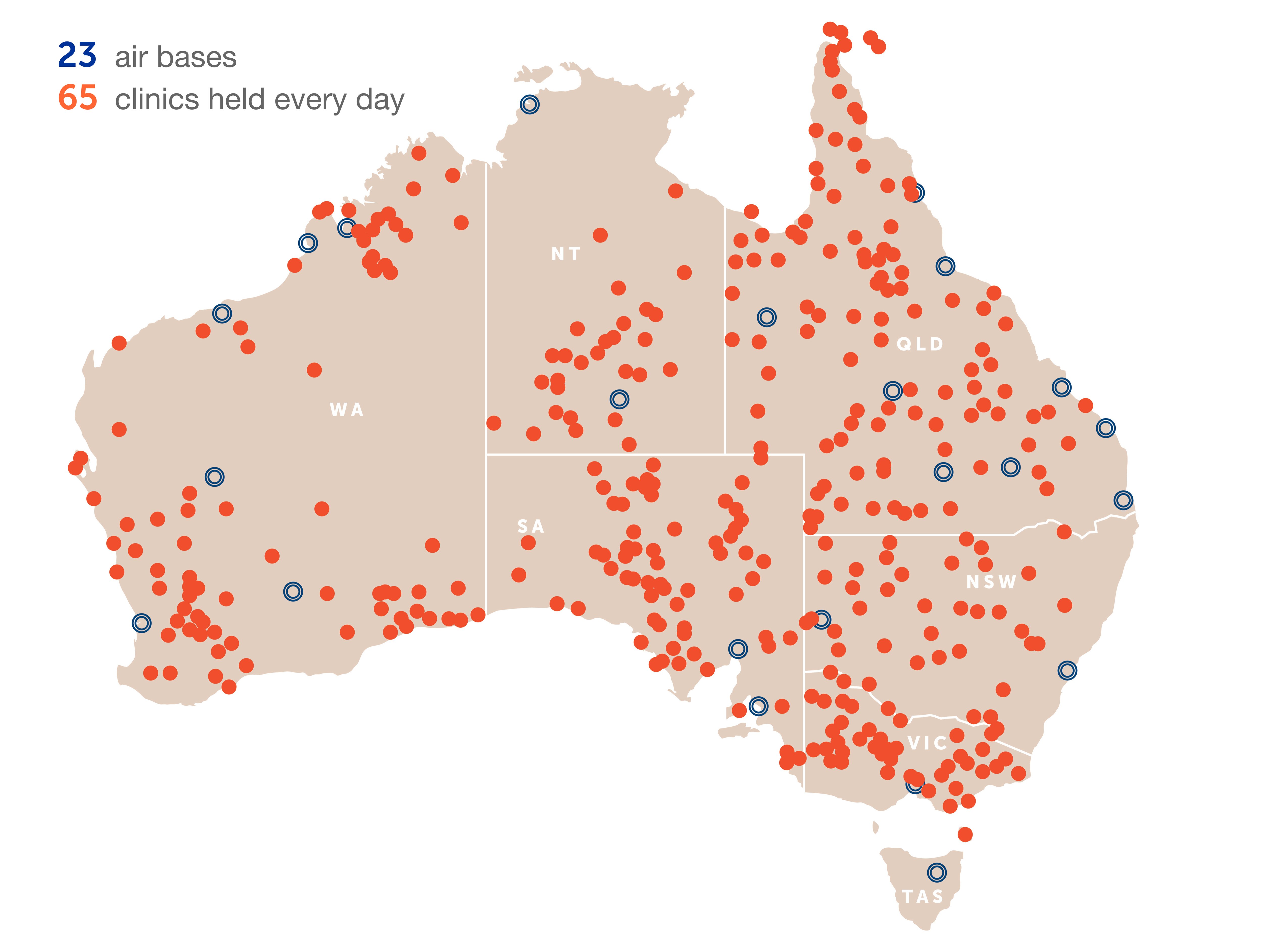 Map of RFDS-run airbases and clinics in Australia