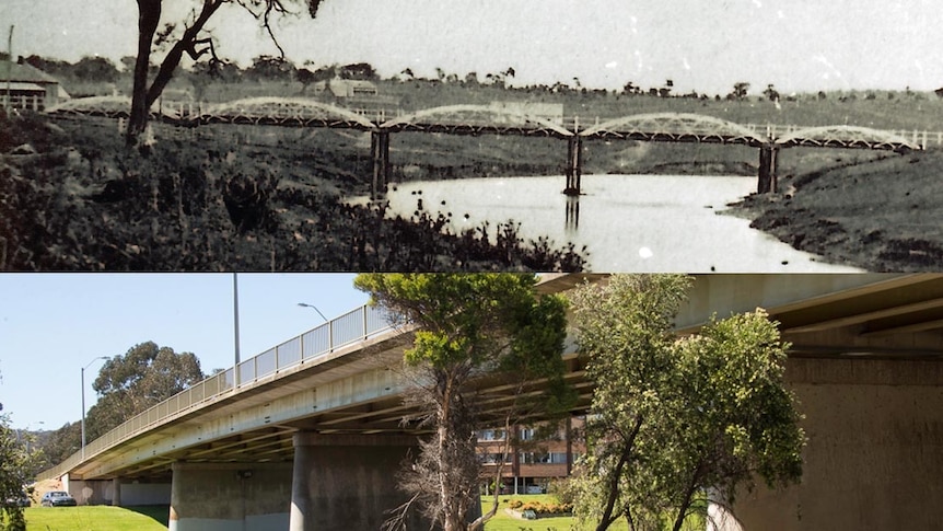 The original Queanbeyan Bridge in 1870 and today's structure.