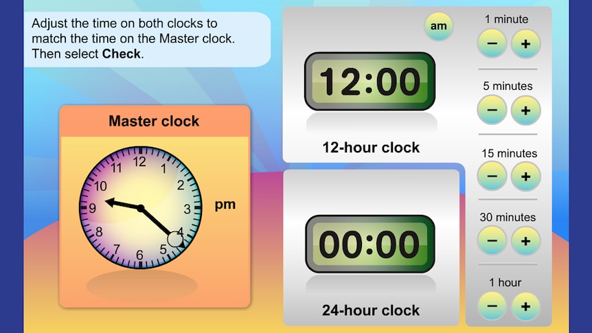 Screenshot of Time Tools: 12-hour to the minute game, sundials, analogue clock, digital clock
