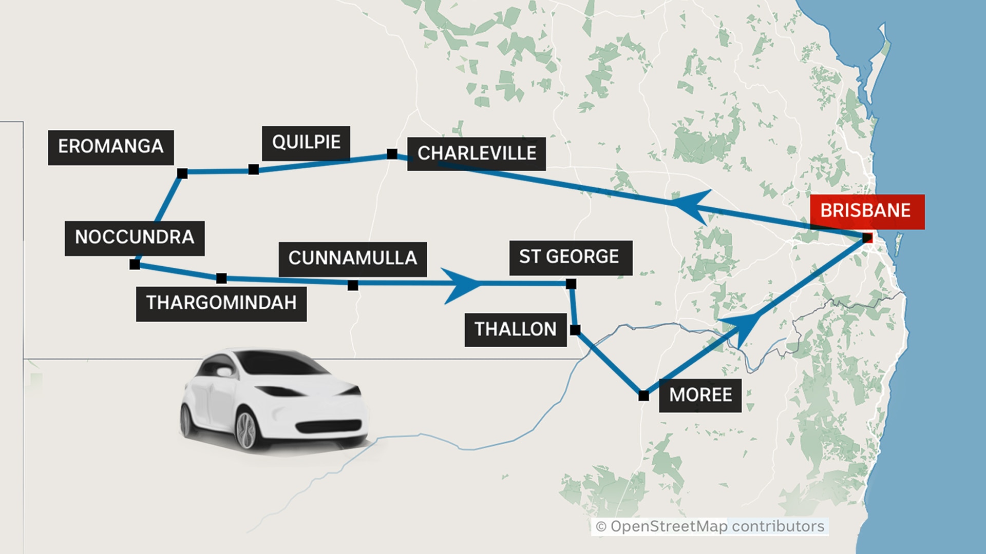 A map showing Wei's journey through Queensland in an electric vehicle.