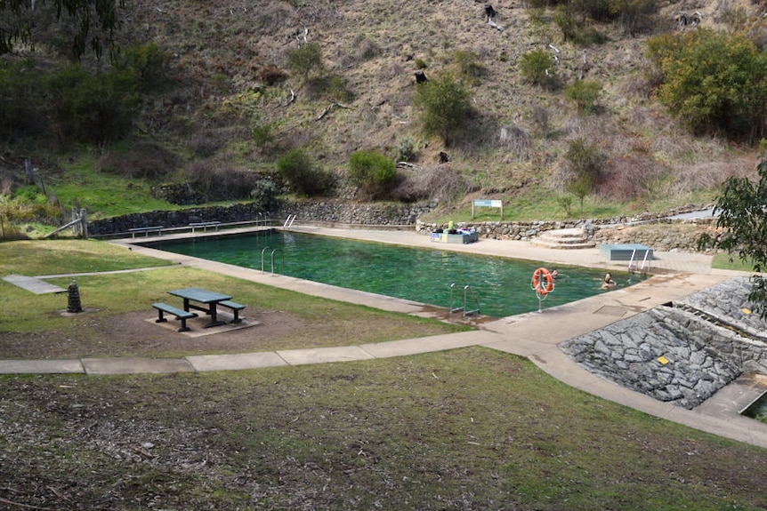 A single man swims in Yarrangobilly's mineral pool, surrounded by bush.