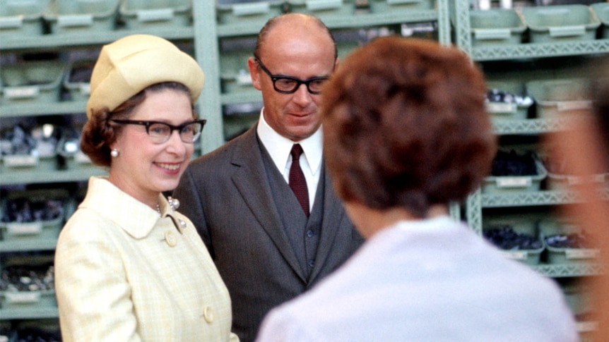 Queen Elizabeth II and Prince Philip at a factory, 1970