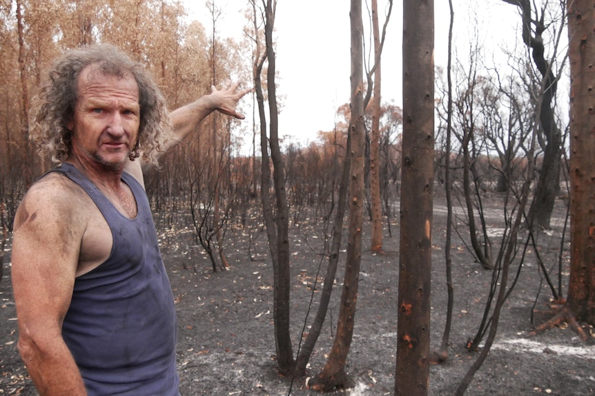 a man gestures toward burned trees