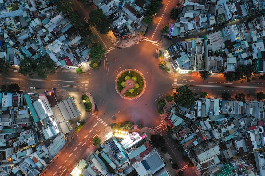 An empty intersection is seen from an aerial view in Ho Chi Minh City
