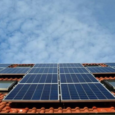 Solar panels on a brick roof