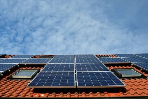Solar panels on a brick roof