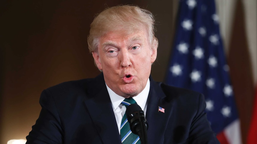 Donald Trump speaks during a news conference in Washington