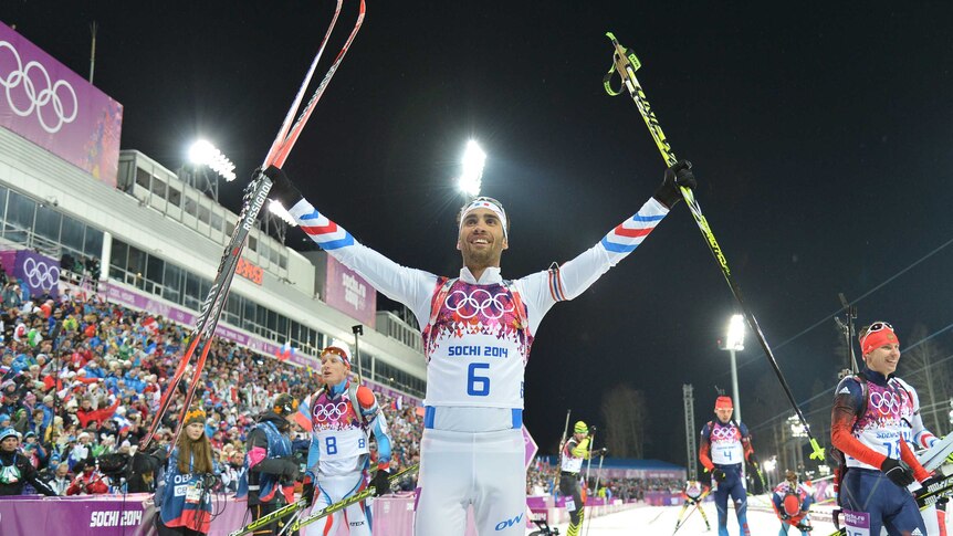 Martin Fourcade celebrates biathlon gold in Sochi