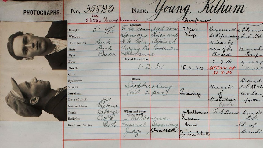 Photos and a 1950's handwritten criminal record for standover man Kelham Young.