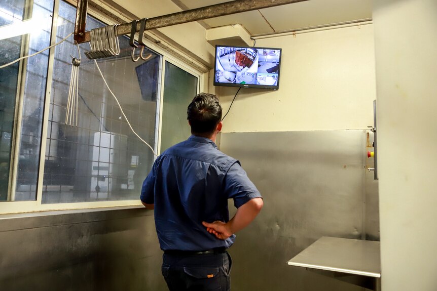 Man wearing blue shirt stares at surveillance tv screen in brightly lit metallic room