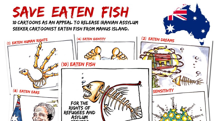 A series of cartoons including text 'Save eaten fish' and '10 cartoons as an appeal to release Iranian asylum seeker cartoonist'
