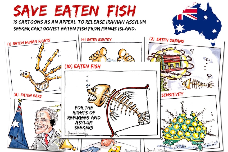 A series of cartoons including text 'Save eaten fish' and '10 cartoons as an appeal to release Iranian asylum seeker cartoonist'