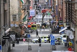 A view of the street scene after people were killed when a truck crashed into a department store in Stockholm. April 7, 2017