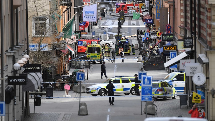 A view of the street scene after people were killed when a truck crashed into a department store in Stockholm. April 7, 2017