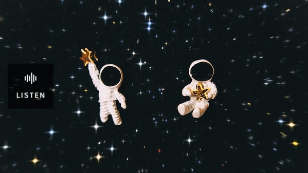 Two miniature astronauts collecting stars. Has Audio.