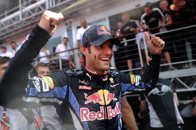 British champion ... Mark Webber celebrates his 2010 Silverstone win.