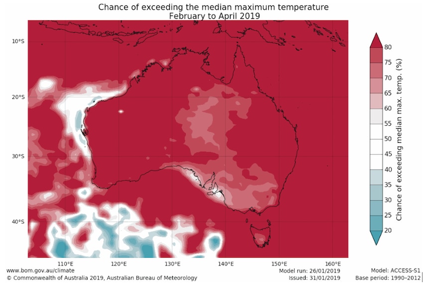 red red red red RED. the whole of Australia bathed in red indicating a (mainly) over 80% chance of above median maximum temps