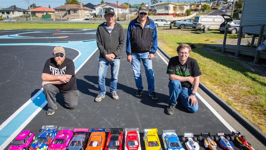 Southern Tasmania Model Car Club racers Kye Gelston (far left), David Rush, John Batich, and Adrian Gray (far right).