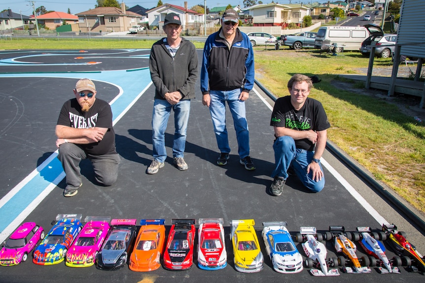 Southern Tasmania Model Car Club racers Kye Gelston (far left), David Rush, John Batich, and Adrian Gray (far right).