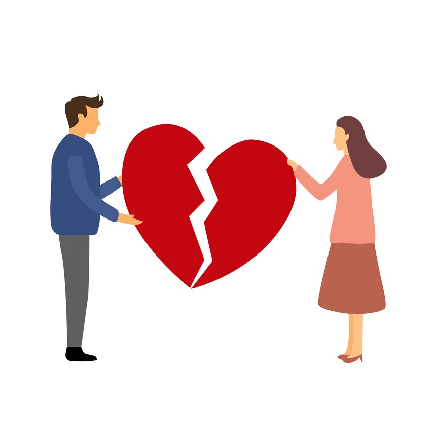Two people standing either side of a broken heart
