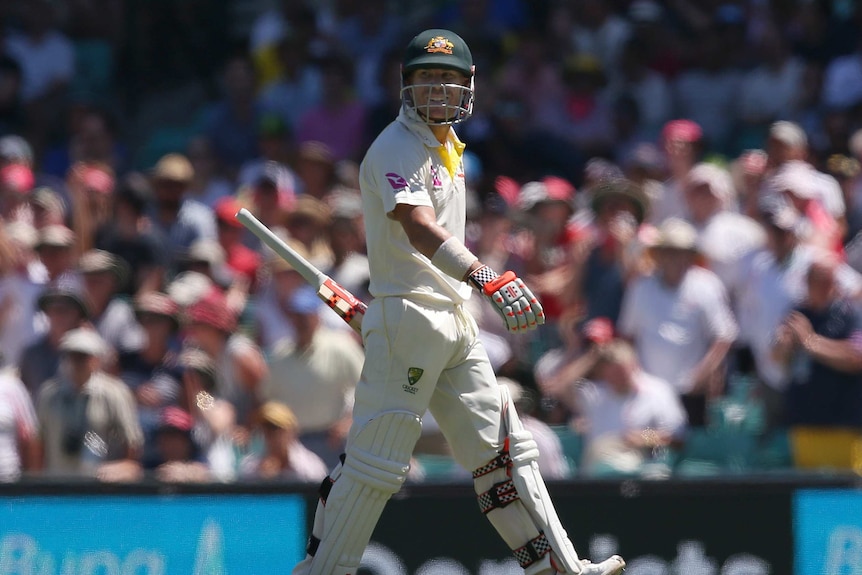 David Warner walks off with his bat in his hand.