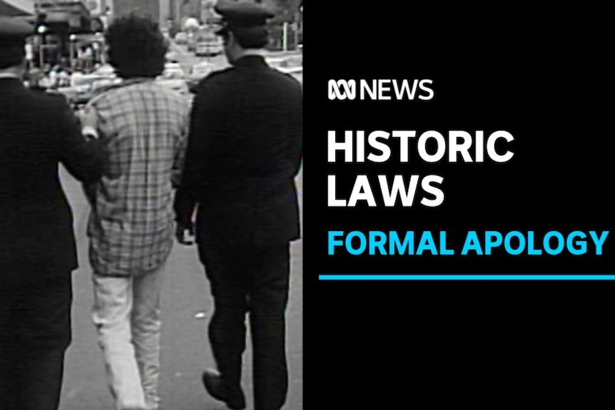 Historic Laws, Formal Apology: Black and white archival image of a man being escorted by two police officers.