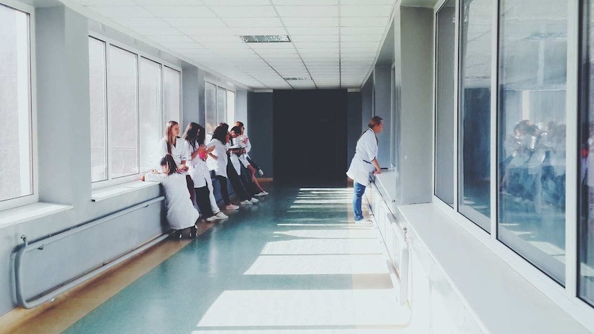 A doctor and group of medical students look through window to hospital room