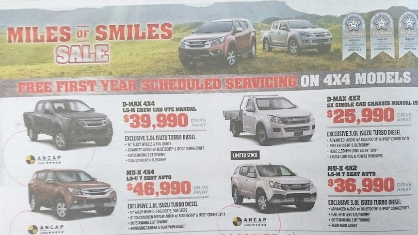 A car dealer advertisement in a newspaper, that a vehicle safety advocate says may be misleading.