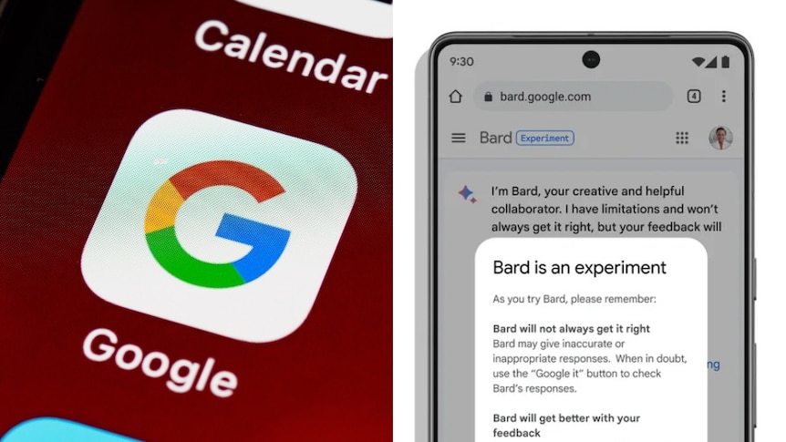 A composite of a close-up of the Google app on a phone, with an image of a phone displaying Google's Bard AI chatbot
