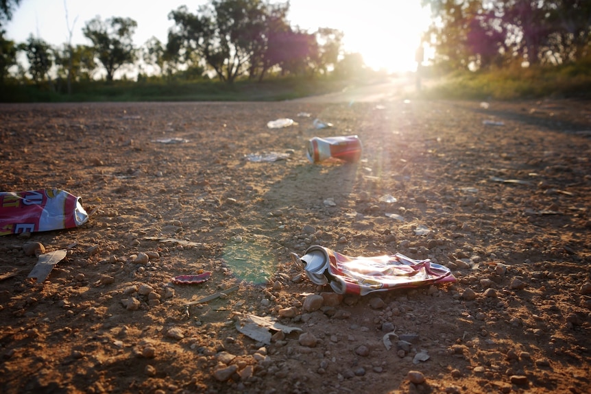 Crushed cans on the side of the road in Fitzroy Crossing WA, April 2022. 