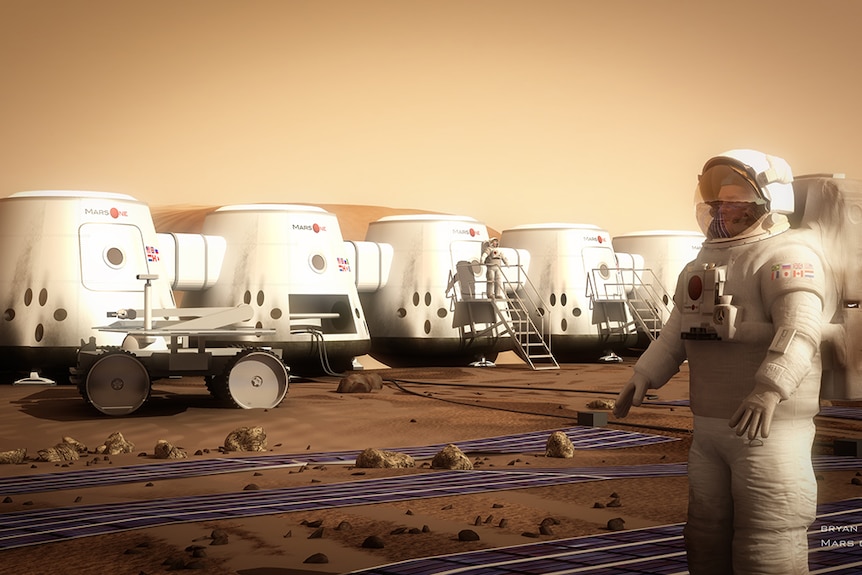 Astronaut in a space suit walking around the red planet of mars.