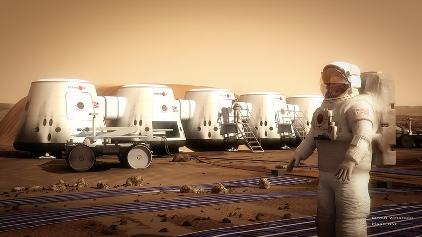 Astronaut in a space suit walking around the red planet of mars.