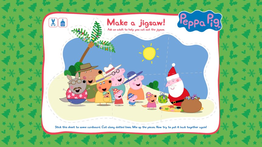 Scene of Peppa with her family and friends with Santa and with marks on the paper where to cut to make a jigsaw