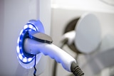 An EV plug surrounded by bright blue LEDs