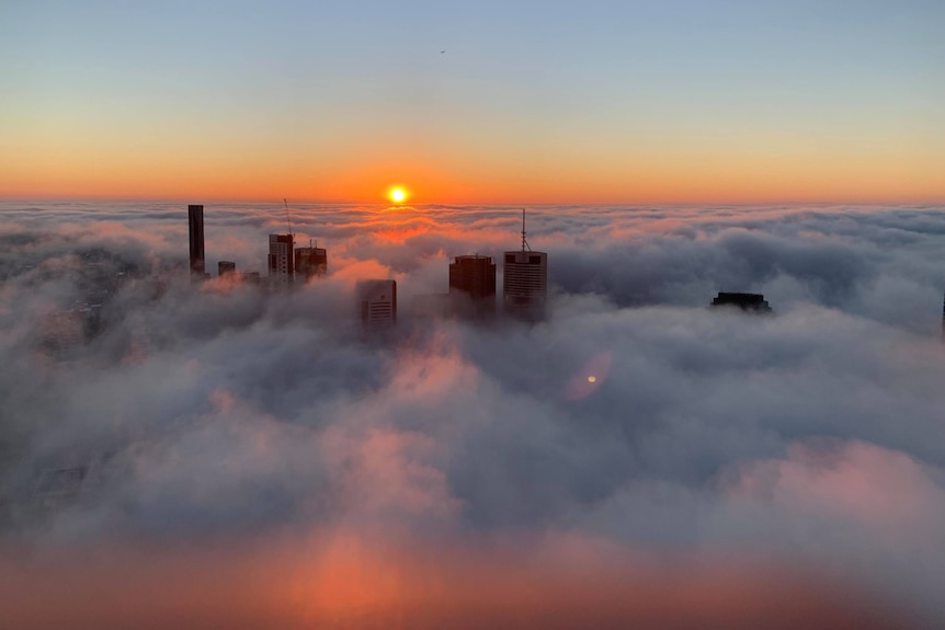 View looking down at fog over Brisbane