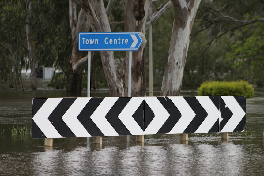 black and white arrow sign submerged in floodwaters. Blue town centre sign above it