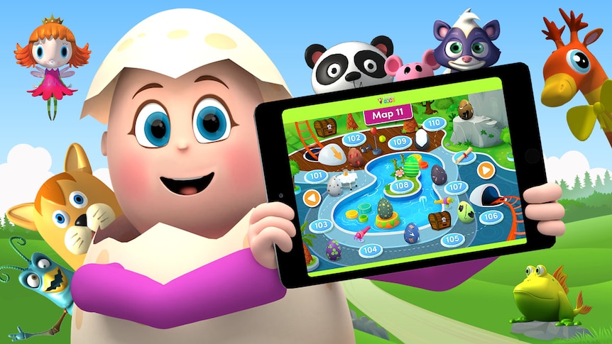 Animated egg character holding up a tablet with ABC Reading Eggs app playing.