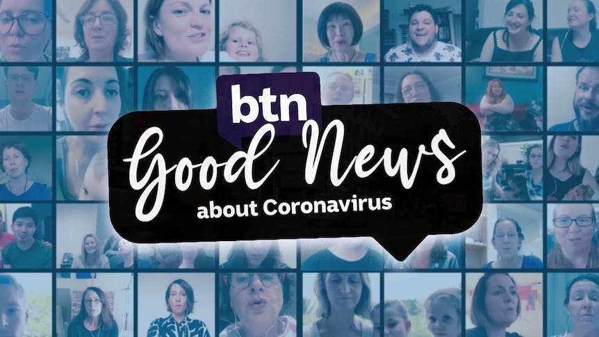 Screenshot of group video chat showing lots of faces. BTN Good News about Coronavirus text overlaid on top.